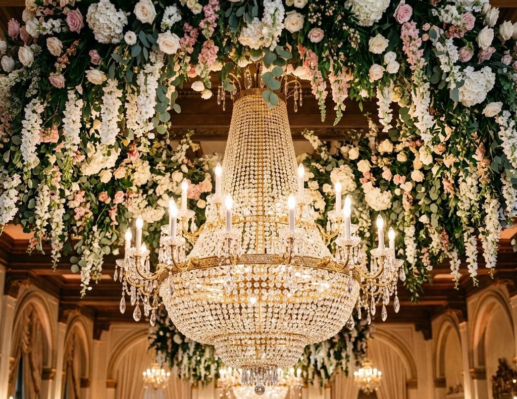 Romantic chandelier and floral wedding decor